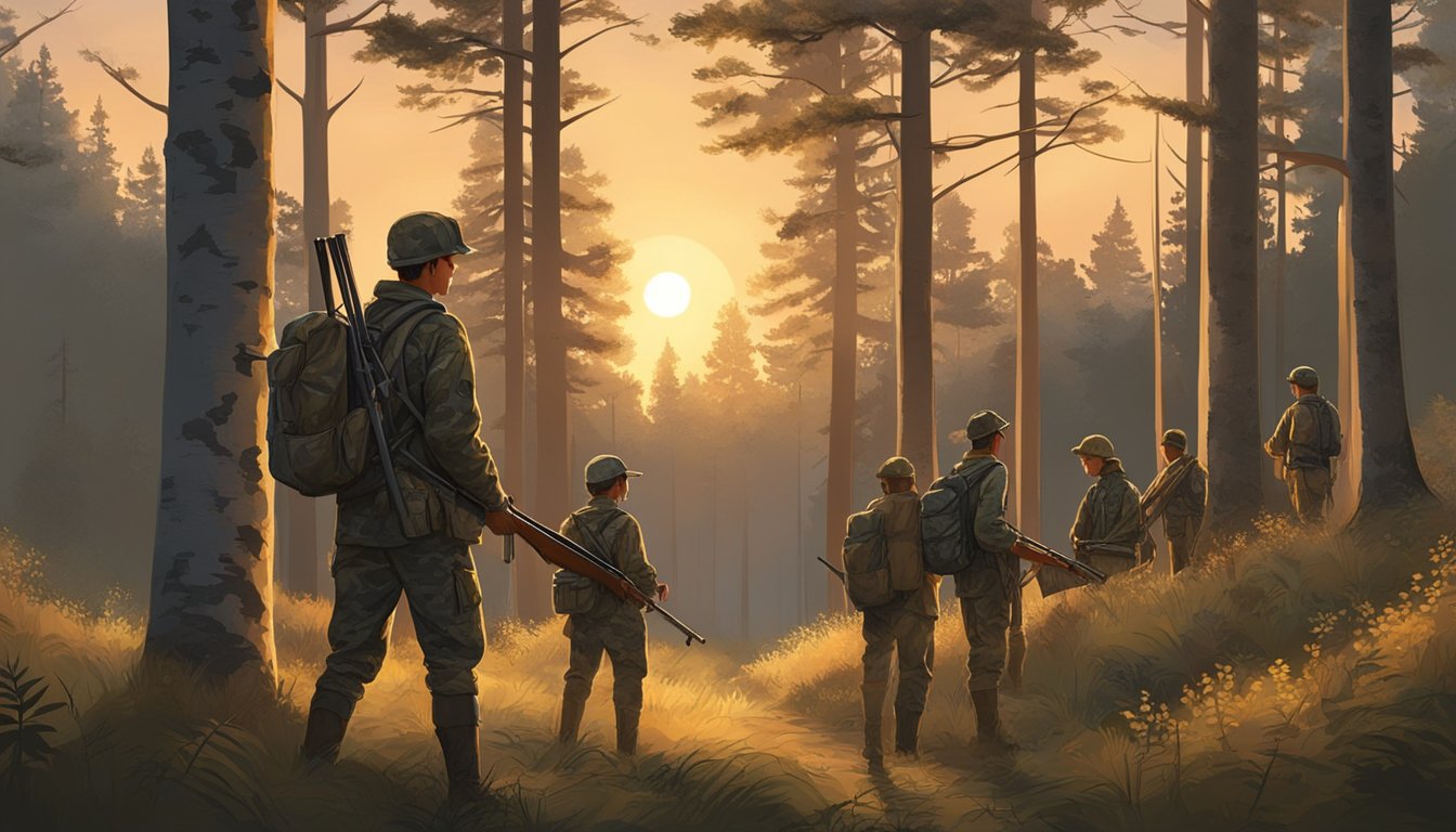 A group of young hunters gather in a forest clearing, surrounded by tall trees and the soft glow of the setting sun. They are dressed in camouflage gear and carry hunting rifles, eagerly preparing for their upcoming hunt