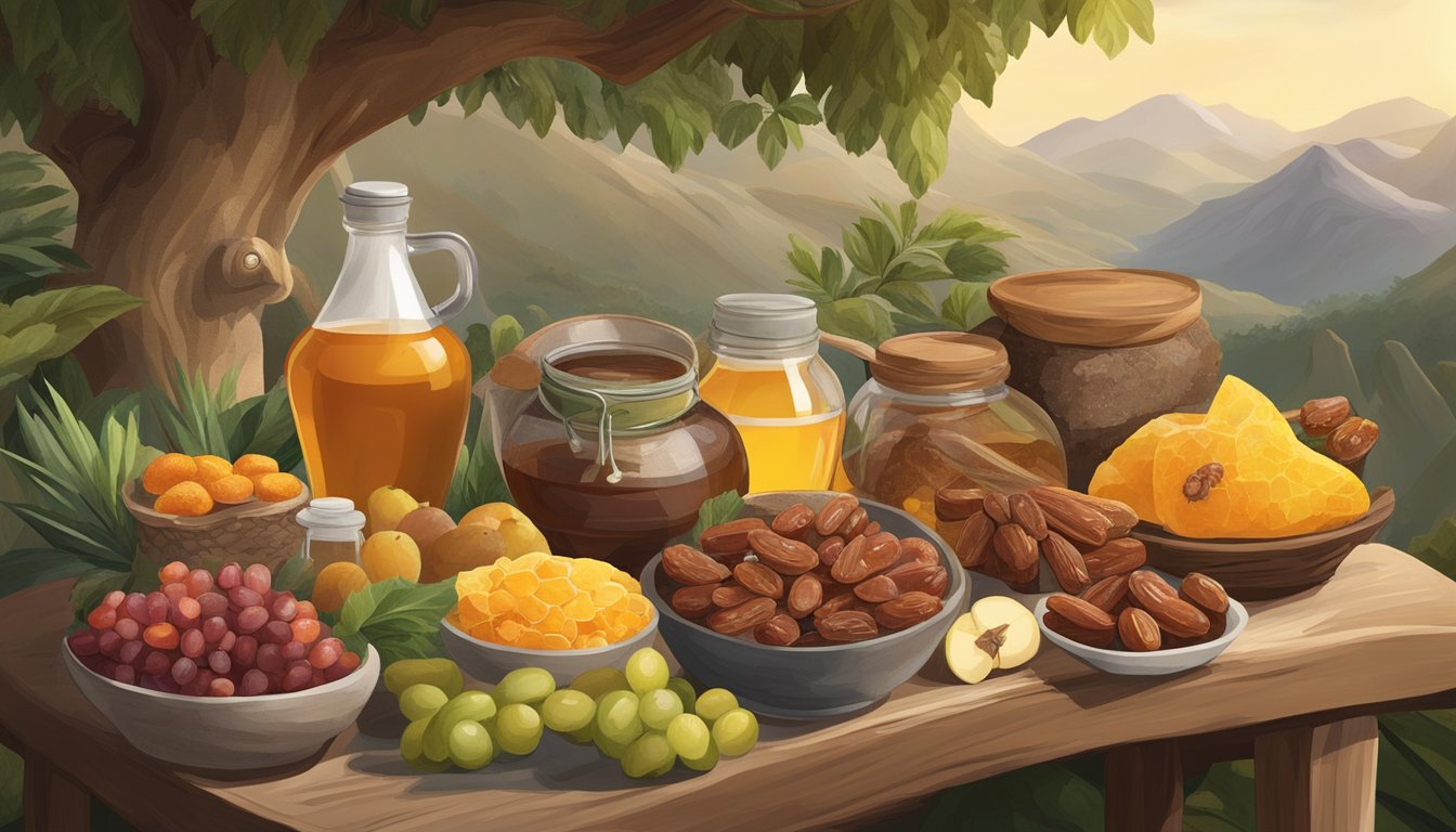 A prehistoric scene with a variety of natural sweeteners such as honey, dates, and fruit, displayed alongside fresh produce and lean meats