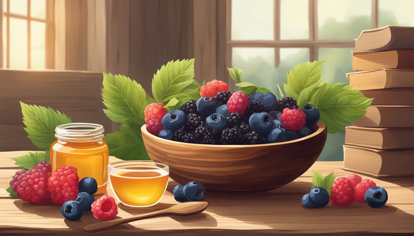 A wooden bowl filled with fresh berries and a small dish of raw honey sit on a rustic table next to a stack of paleo recipe books