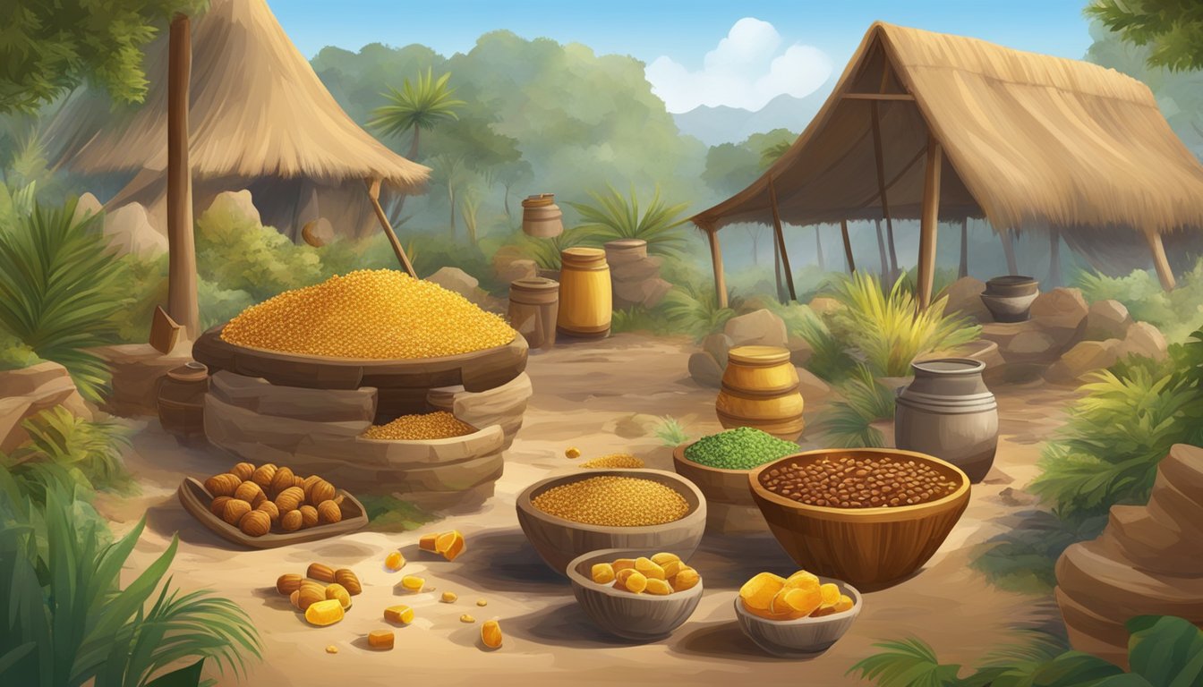 A prehistoric landscape with a variety of natural sweeteners, such as honey, dates, and fruits, scattered around a primitive cooking area