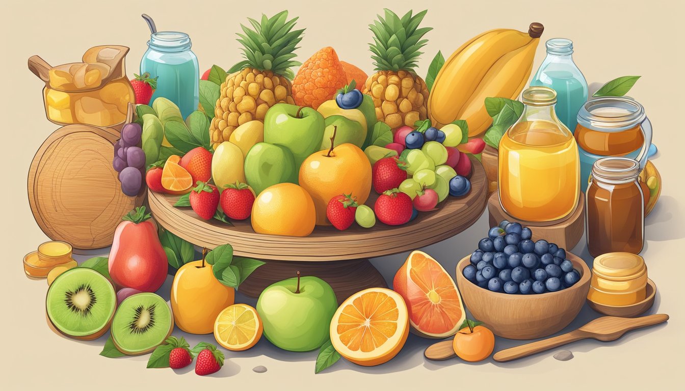 A colorful array of fruits and honey pots, surrounded by a mix of healthy and unhealthy food items, with a scale showing the balance of benefits and drawbacks