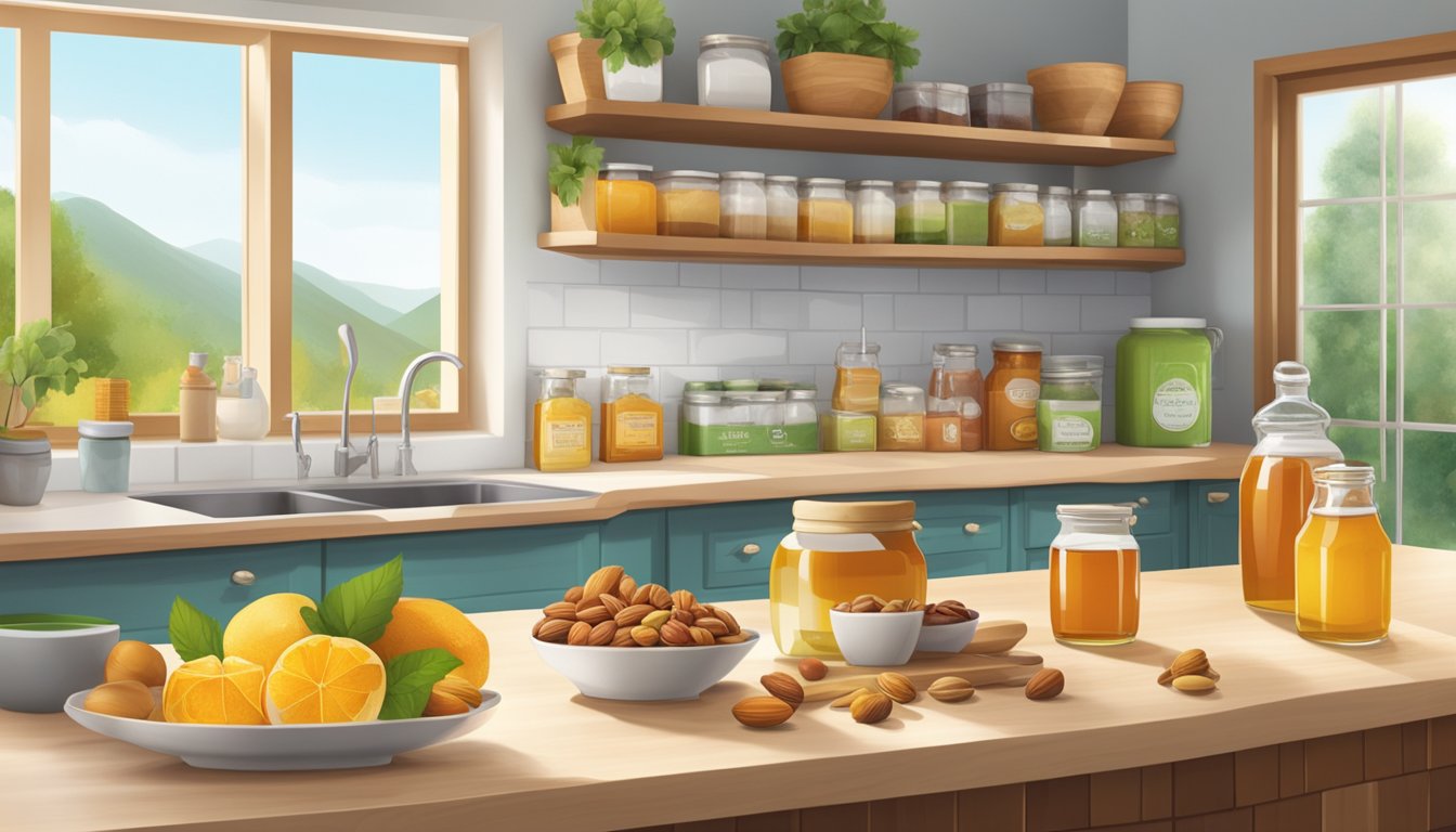 A tranquil kitchen counter displays a variety of natural sweeteners, including honey, maple syrup, and stevia, alongside fresh fruits and nuts