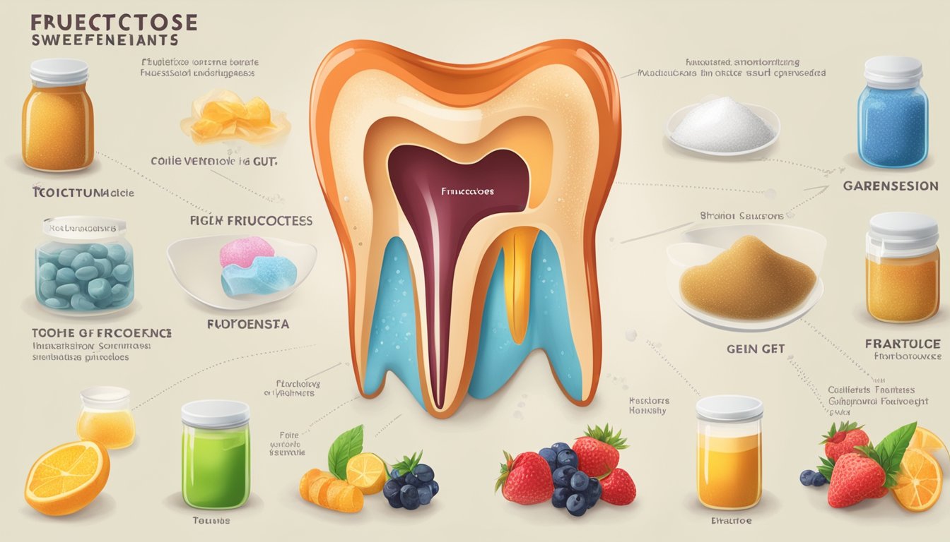 A tooth and gut surrounded by a variety of natural sweeteners, with some labeled as sources of fructose