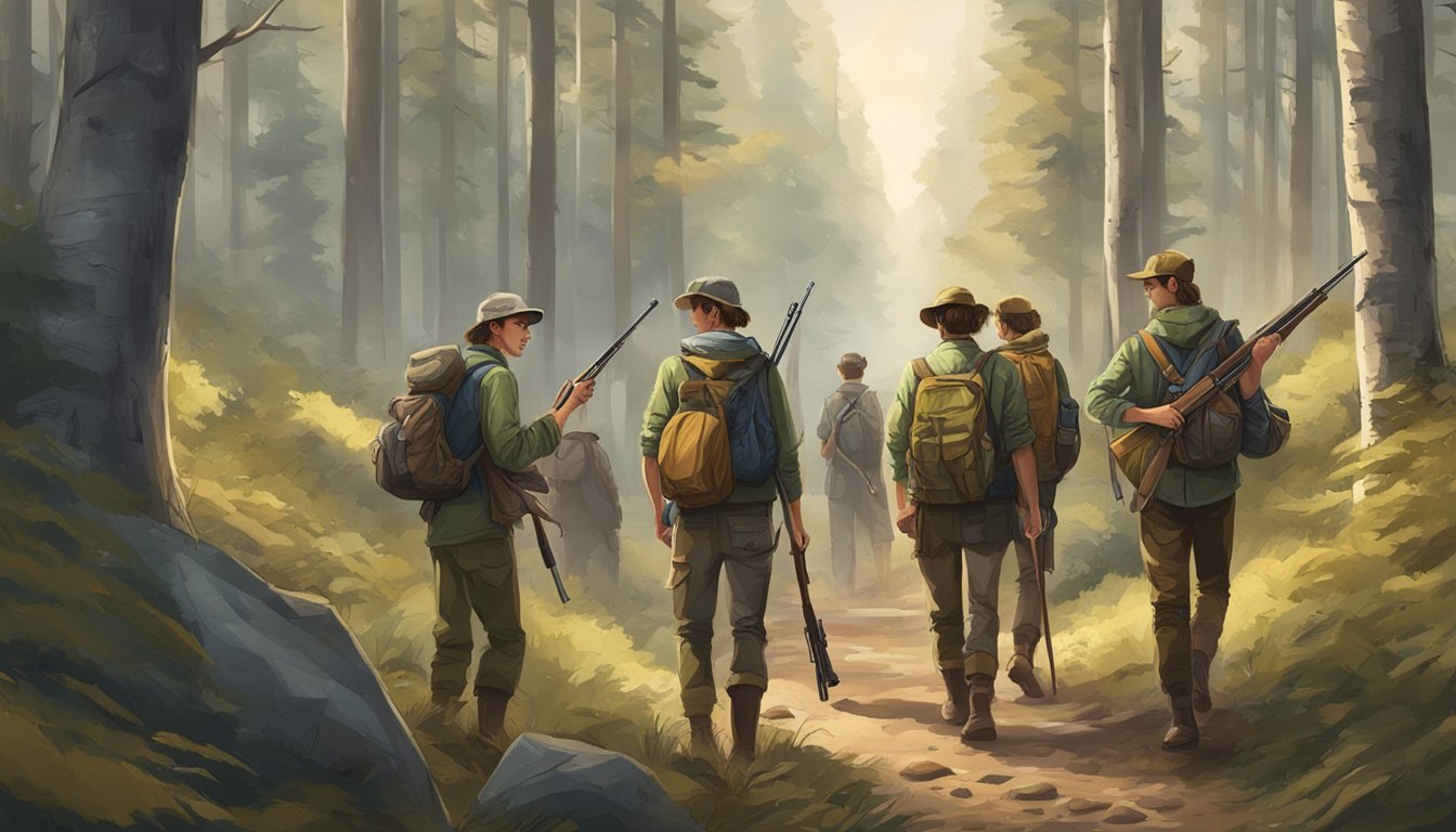 A group of young hunters in a forest, carrying their gear and rifles, while a sign with hunting regulations is posted nearby