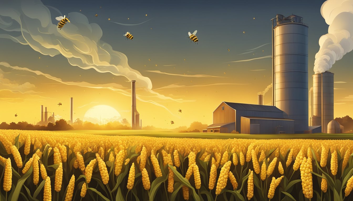 A lush field of ripe, golden corn stalks, with bees buzzing around the vibrant yellow ears. Nearby, a factory emits smoke and steam, contrasting with the natural beauty