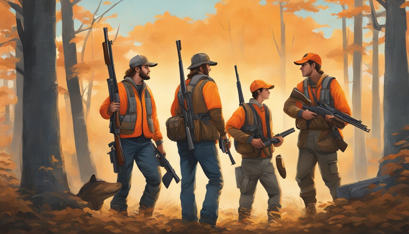 A group of young hunters in Delaware, wearing bright orange vests and hats, carrying unloaded firearms, while being accompanied by adult supervisors