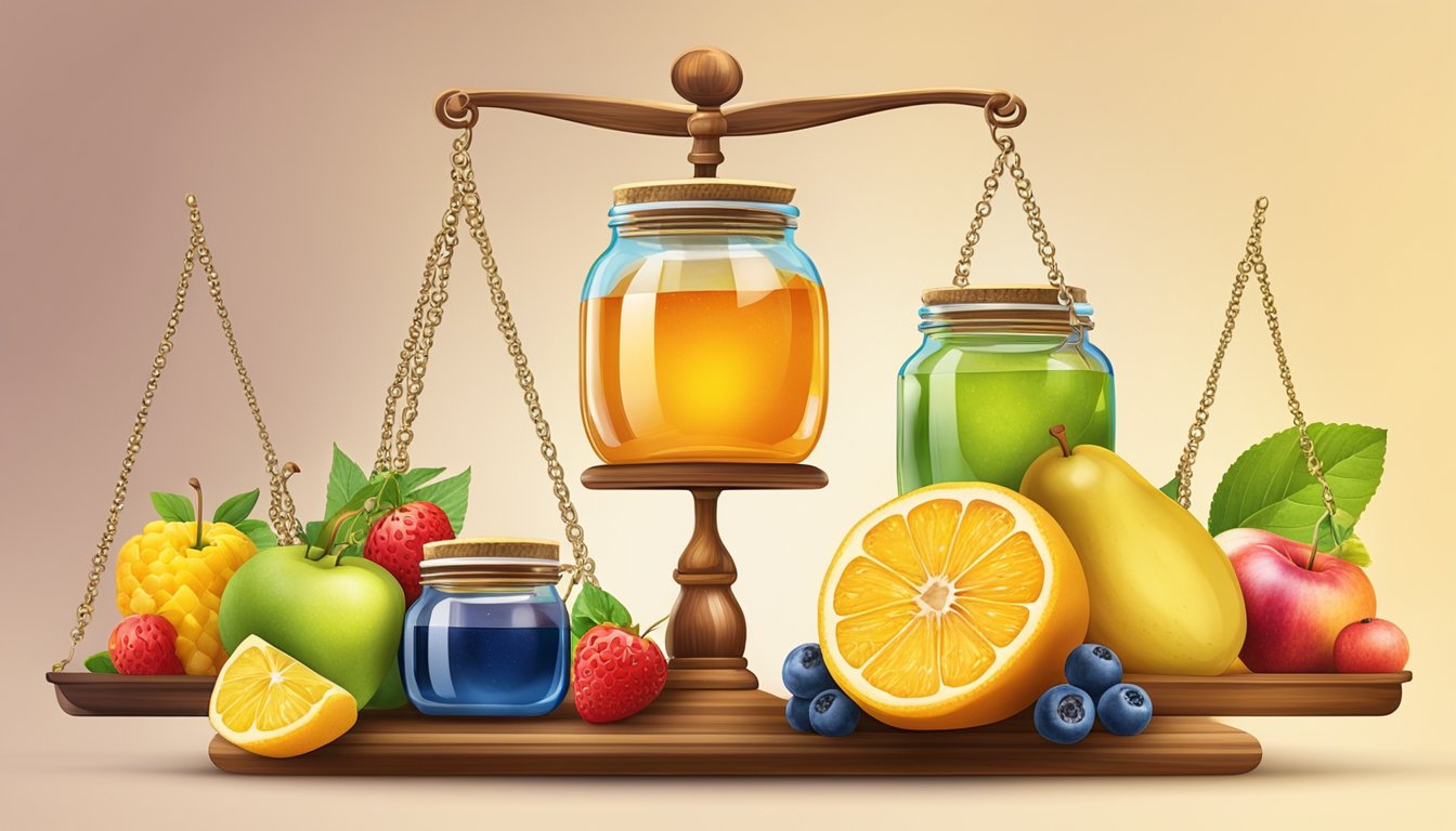 A colorful array of fruits and honey jars, with a balance scale showing the pros and cons of fructose in natural sweeteners