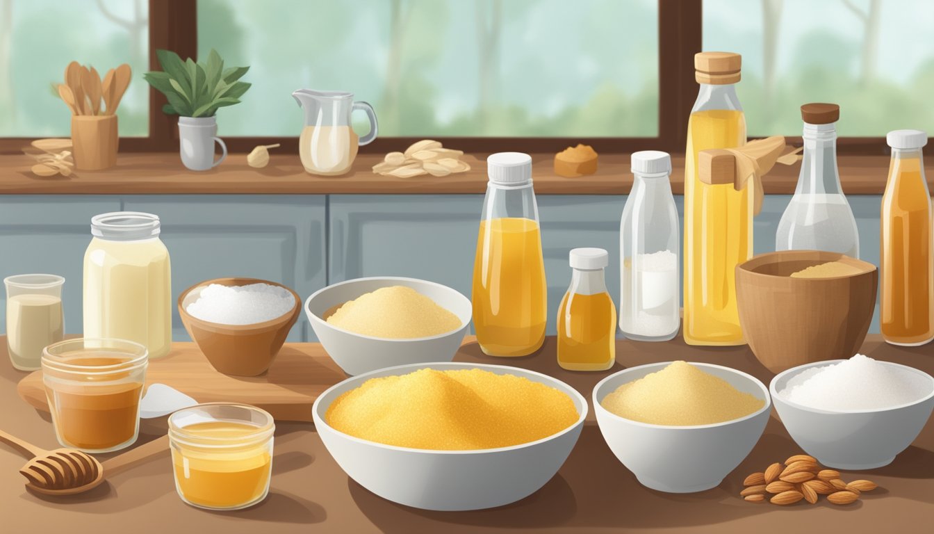 A kitchen counter with an assortment of natural sweeteners such as honey, maple syrup, and agave nectar, alongside gluten-free baking ingredients like almond flour, coconut flour, and tapioca starch