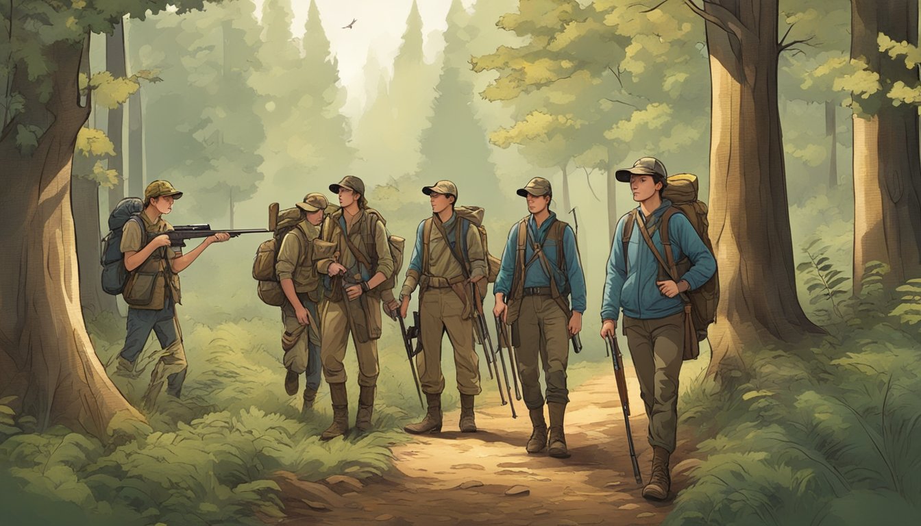 A group of young hunters, accompanied by adults, trek through a wooded area with their hunting gear, eagerly searching for game