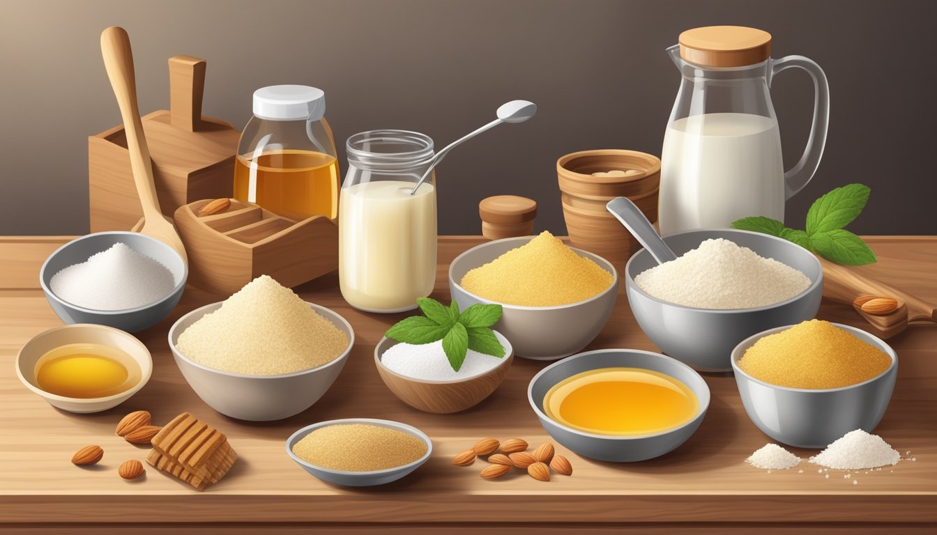 A kitchen scene with various natural sweeteners (honey, maple syrup, stevia) and gluten-free baking ingredients (almond flour, coconut flour) on a wooden table