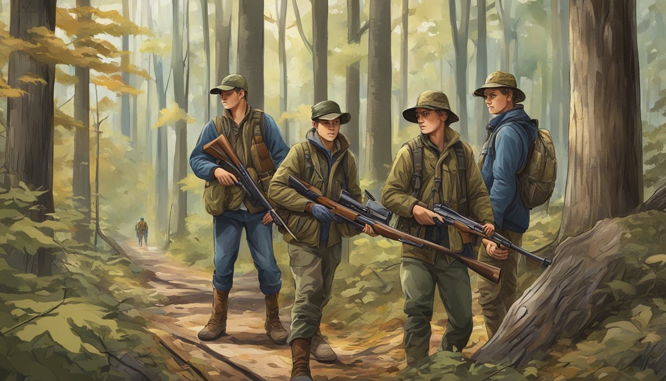 A group of young hunters in the District of Columbia, with hunting gear and rifles, exploring the wooded area