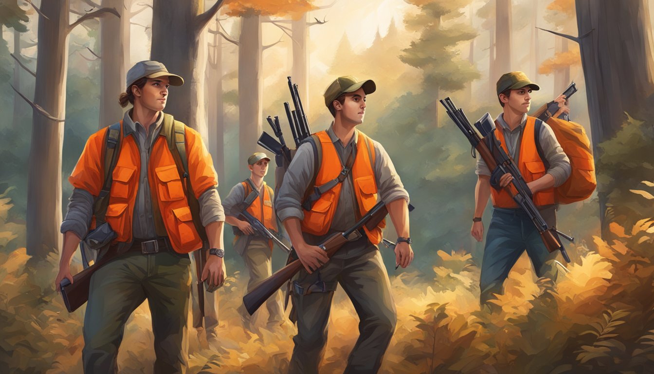 A group of young hunters in the woods with adult supervision, carrying rifles and wearing bright orange vests