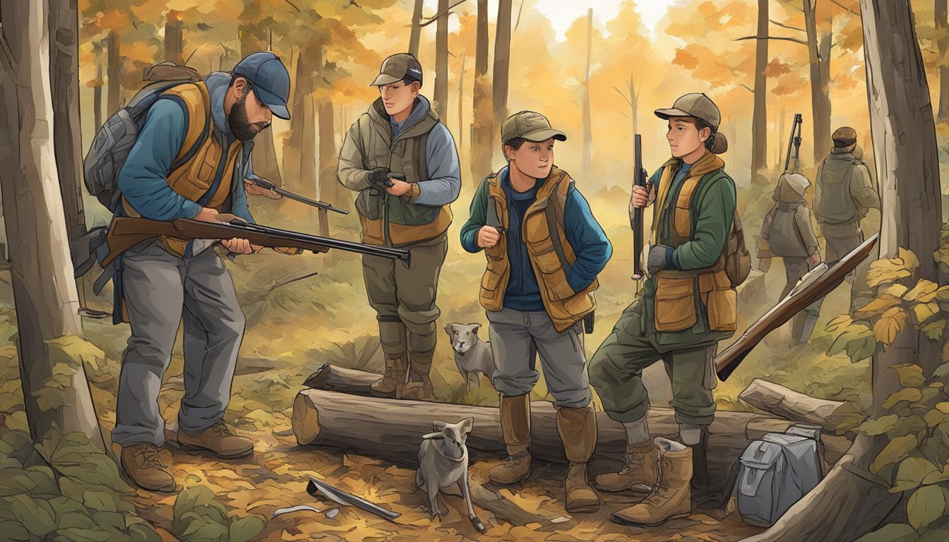 A group of young hunters gather gear and check weapons in a wooded area of the District of Columbia, preparing for a hunt