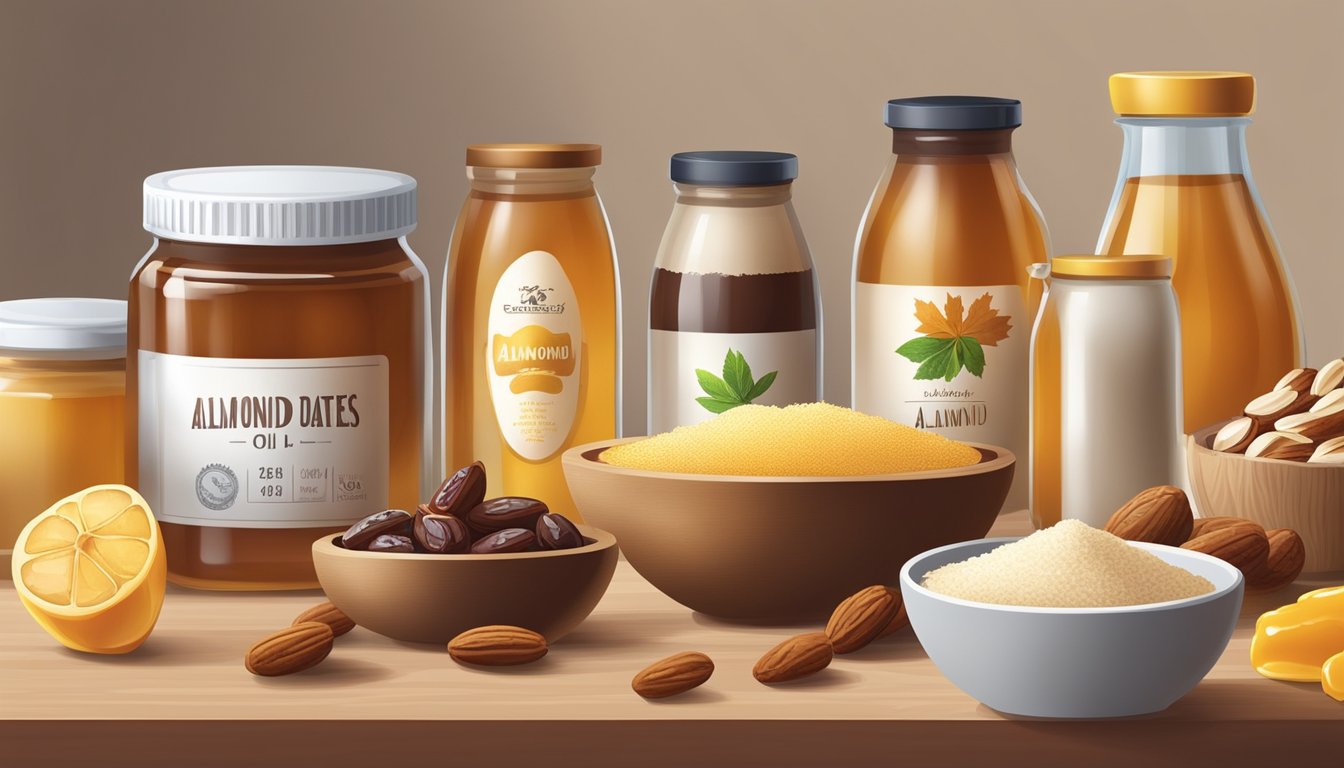 A kitchen counter with a variety of natural sweeteners such as honey, maple syrup, and dates, alongside gluten-free baking ingredients like almond flour and coconut oil