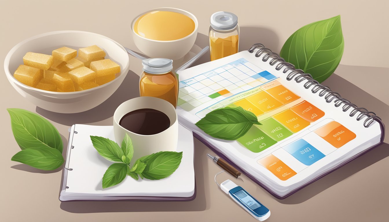 A table with various natural sweeteners (stevia, monk fruit, etc.) alongside blood glucose monitoring devices and a journal for documenting levels