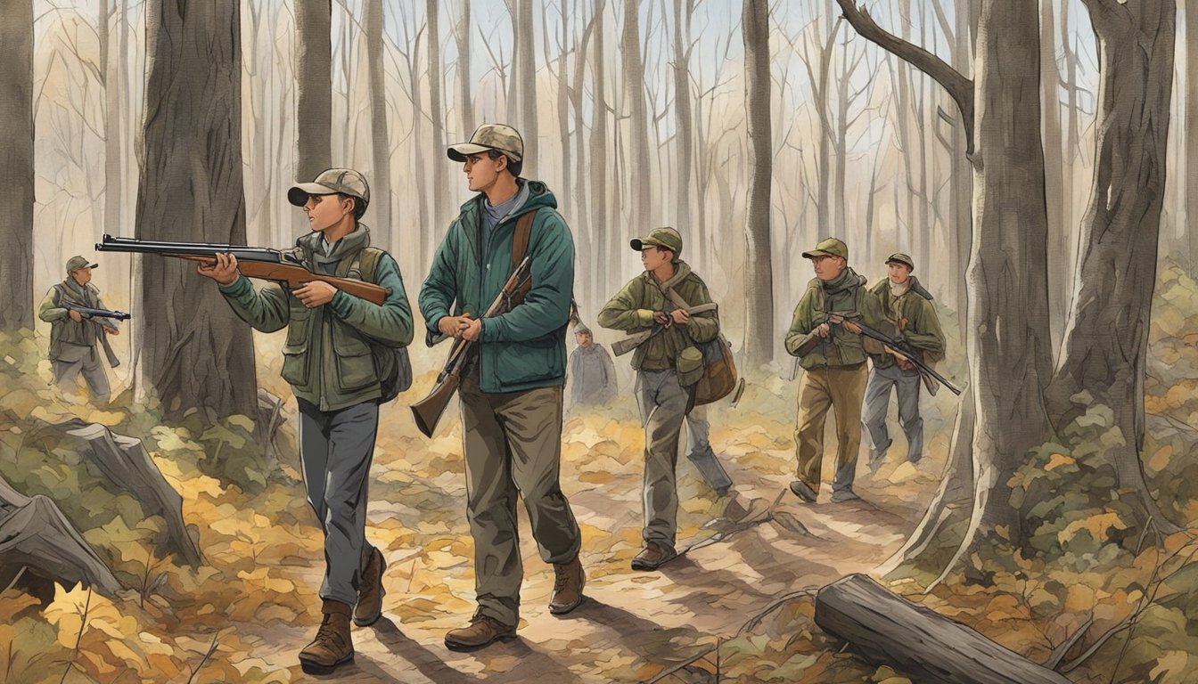 A group of young hunters, accompanied by adult mentors, trek through the wooded area of the Youth Hunting District of Columbia, rifles in hand, in search of game