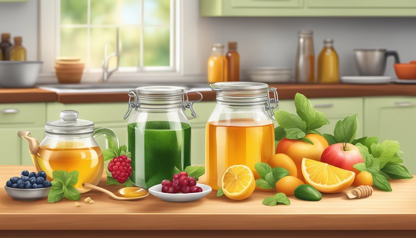 A kitchen counter with an assortment of natural sweeteners such as honey, maple syrup, and stevia, alongside fresh fruits and vegetables