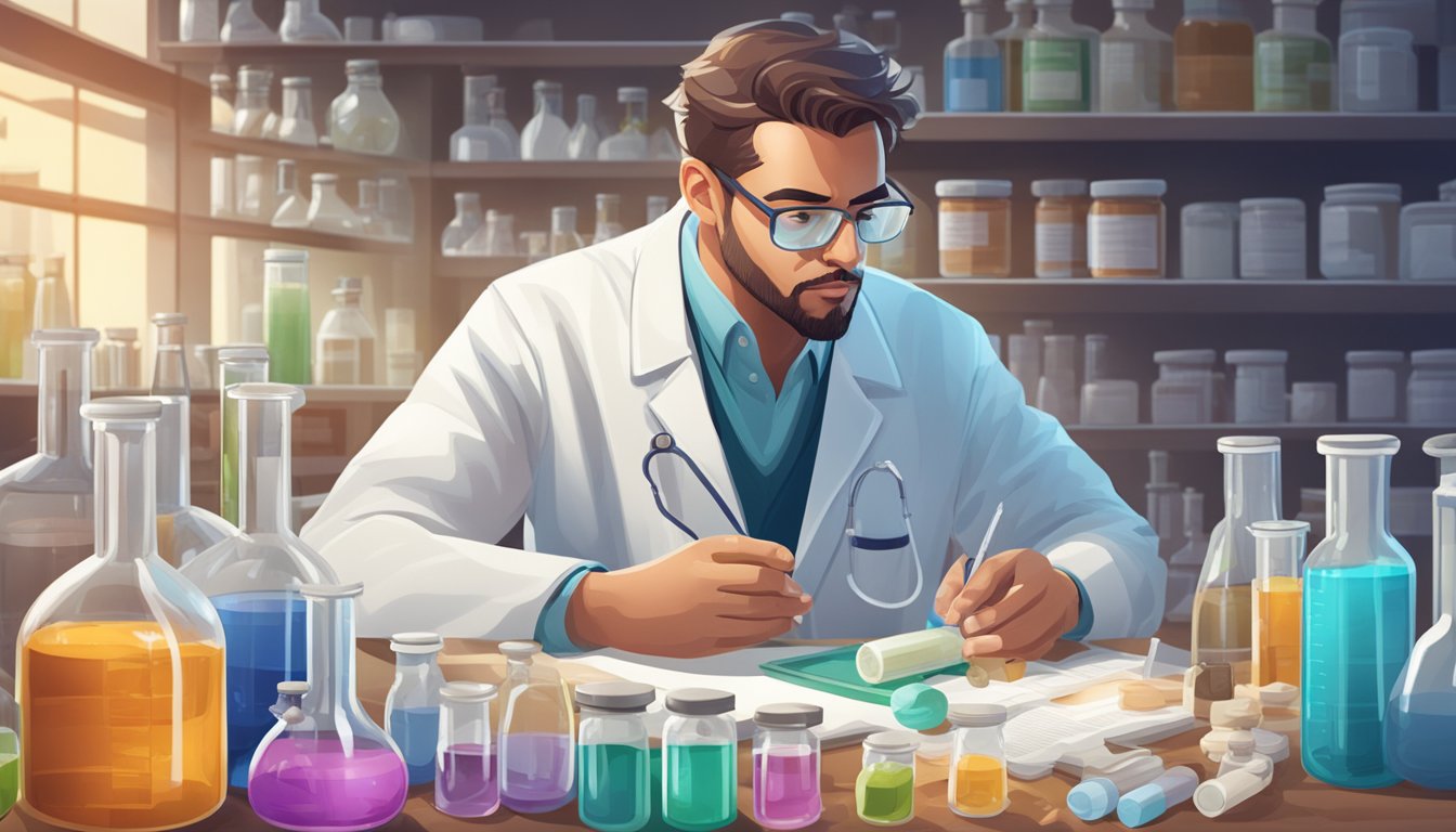 A scientist in a lab coat examines vials of natural sweeteners while surrounded by research papers and safety equipment