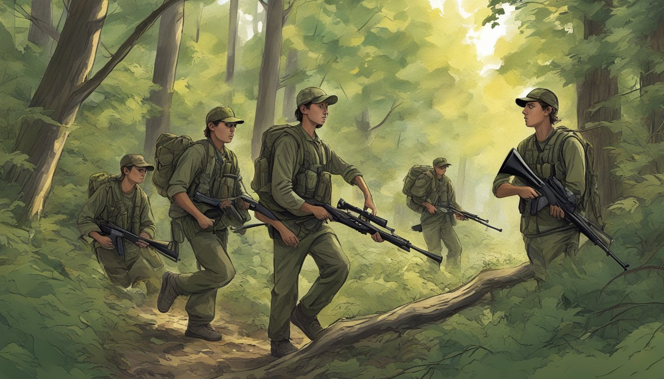 A group of young hunters navigating through a wooded area in the District of Columbia, with rifles slung over their shoulders and eyes scanning the surroundings for potential targets