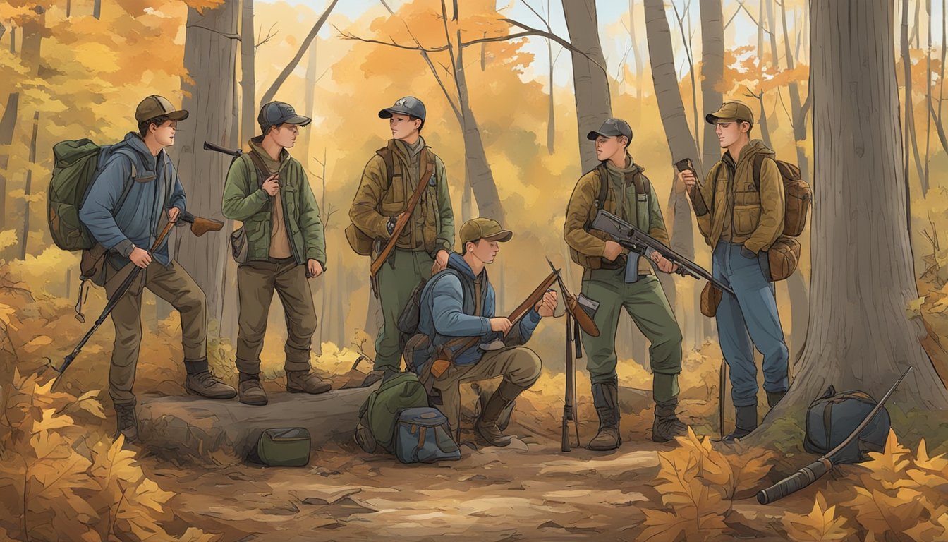 A group of young hunters gather with their gear in a wooded area near Washington, DC, preparing for a hunting trip in the Youth Hunting District of Columbia