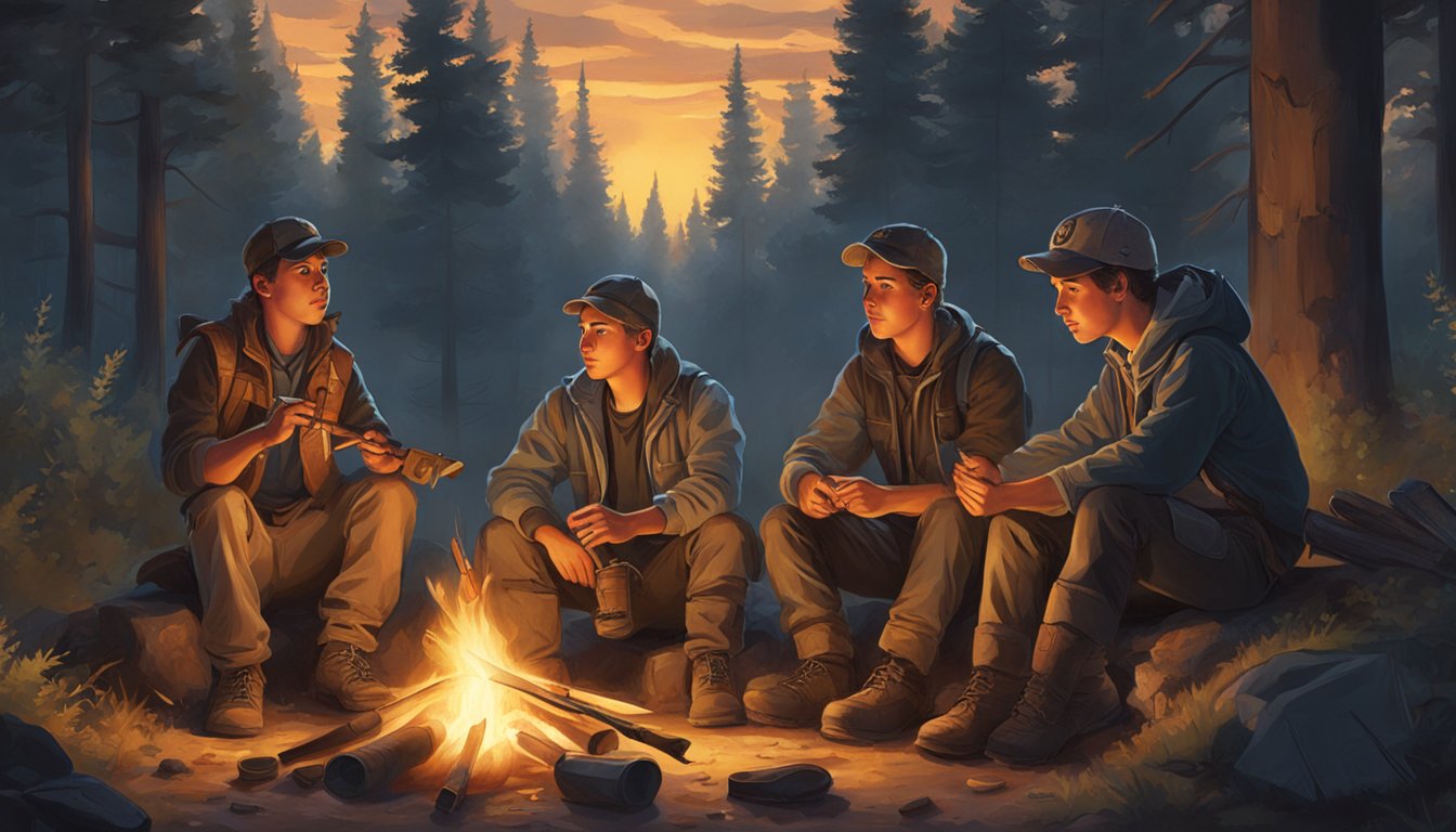 A group of young hunters sit around a campfire, surrounded by the tools of their trade. Their faces are illuminated by the warm glow as they reflect on their day and learn from their mentors