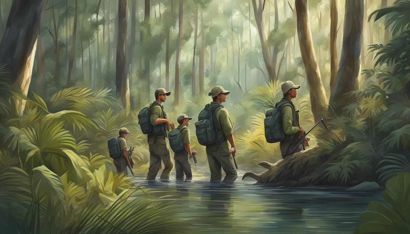 A group of young hunters in Florida, accompanied by wildlife conservation officers, are navigating through the dense forest on a hunting expedition