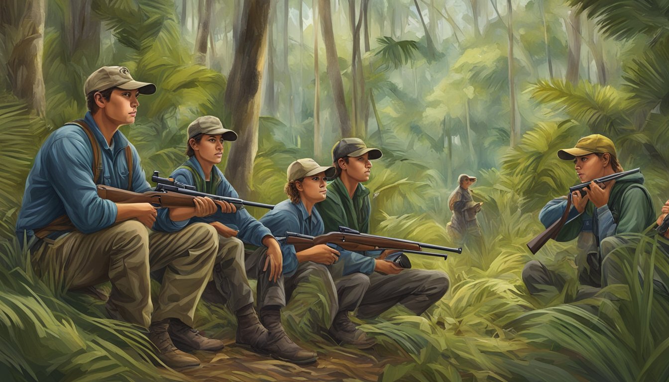 A group of young hunters in Florida, surrounded by lush greenery, quietly waiting for their prey during hunting season