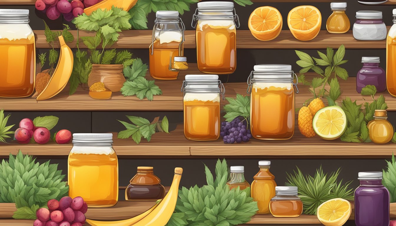 A shelf lined with jars of honey, maple syrup, and agave nectar, surrounded by colorful fruits and herbs. A marinade brush and glazed meat sit nearby