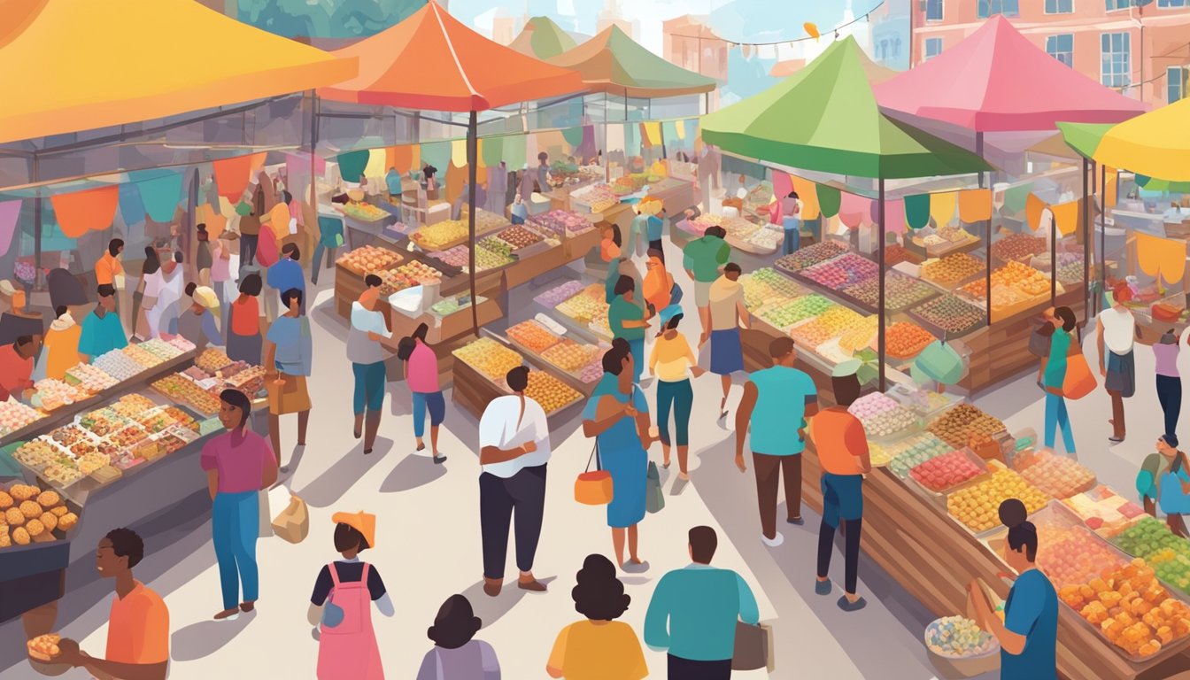 A bustling food market with colorful displays of various sweet treats, surrounded by people sampling and enjoying the diverse cultural and culinary aspects of sweetness