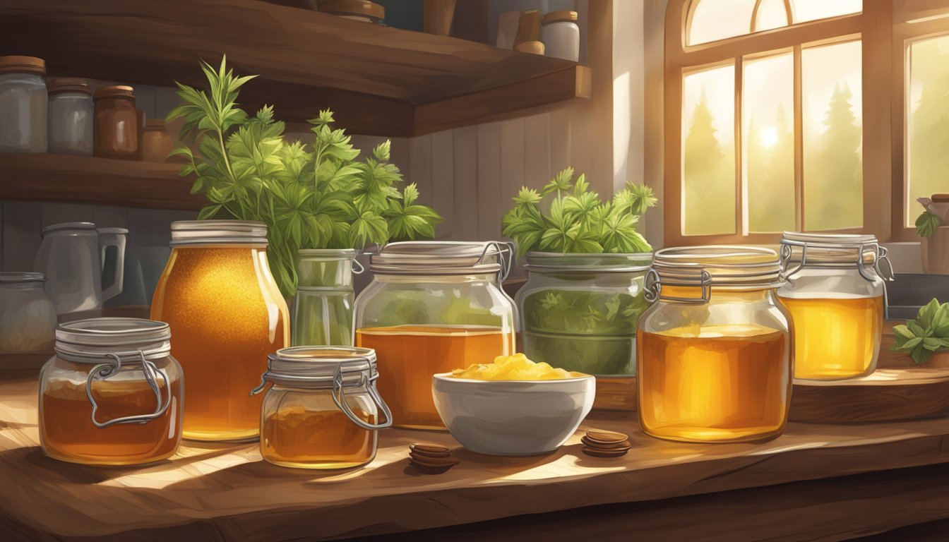 A rustic kitchen table with jars of honey, maple syrup, and agave nectar surrounded by fresh herbs and spices. Sunlight streams in through a window, casting a warm glow on the natural sweeteners