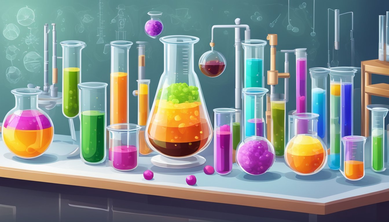 A beaker filled with colorful liquid and a variety of sweet substances arranged on a lab table, with scientific equipment in the background