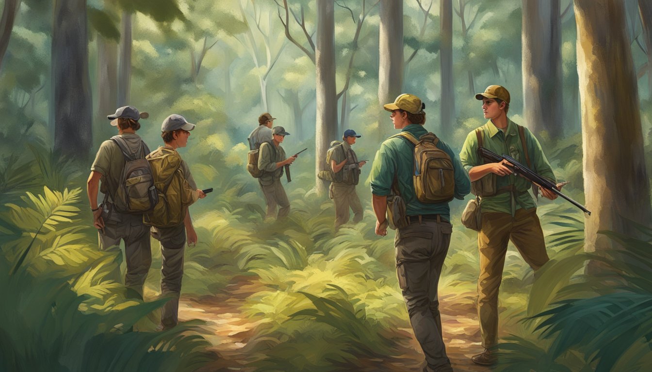 A group of young hunters in Florida's lush woodland, tracking game amidst the vibrant foliage and wildlife