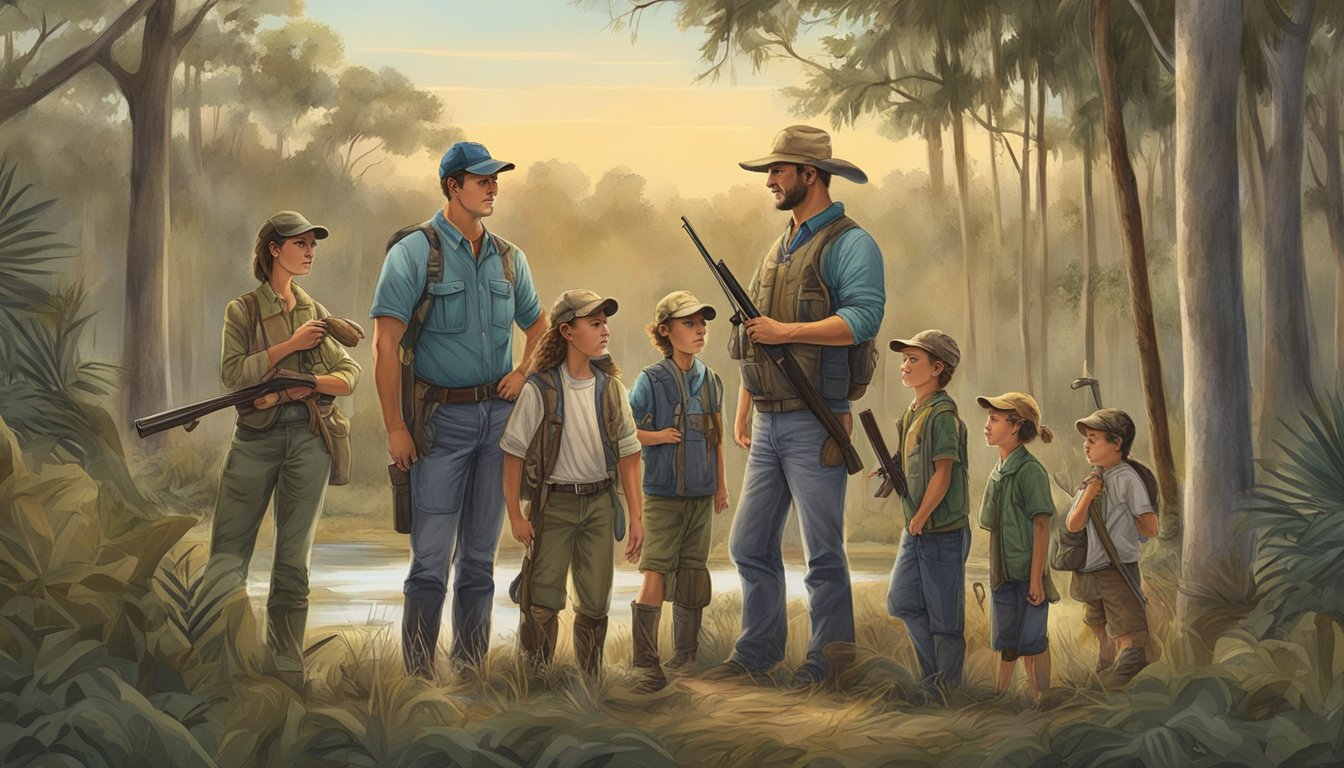 A group of young hunters with their families in a Florida hunting zone, displaying their quota permits