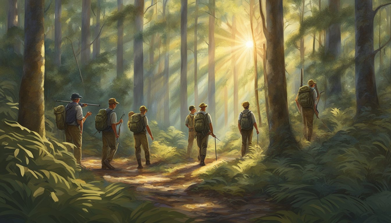 A group of young hunters exploring the dense Florida woods, searching for key hunting locations. The sun filters through the trees, casting dappled light on the forest floor