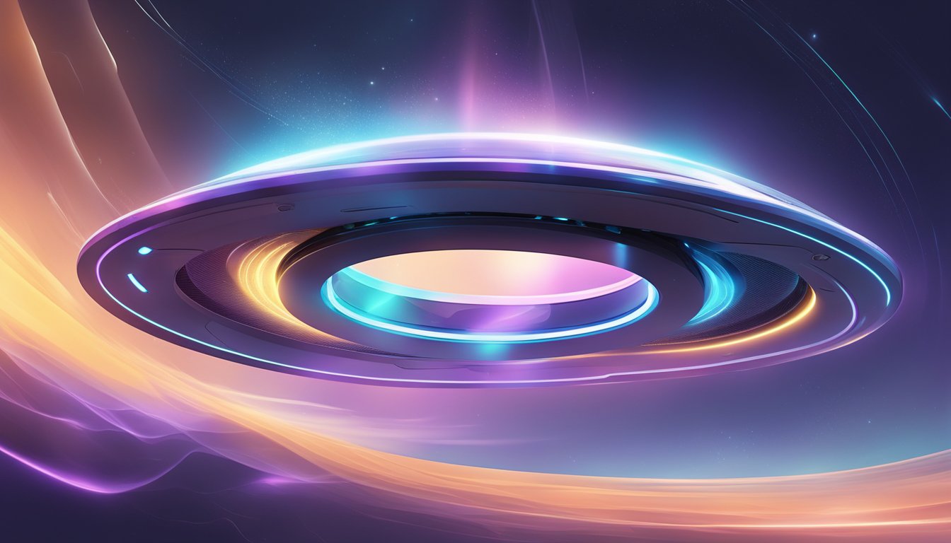 A sleek, futuristic device hovers in mid-air, emitting a soft glow and surrounded by a halo of swirling energy