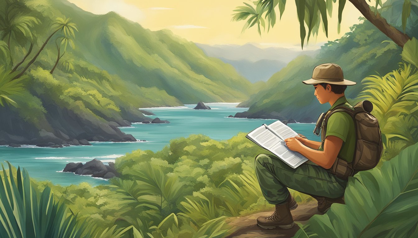 A young hunter in Hawaii carefully reads through a booklet of hunting regulations, surrounded by lush greenery and native wildlife