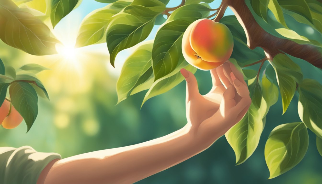 A person's hand reaching for a perfectly ripe peach on a tree branch, with dappled sunlight filtering through the leaves