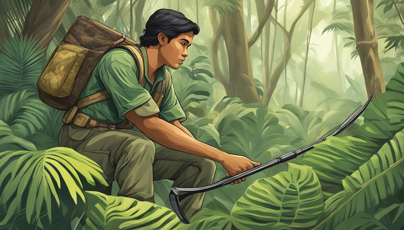 A young Hawaiian hunter stalking prey in the lush forest, using traditional methods to catch species-specific game