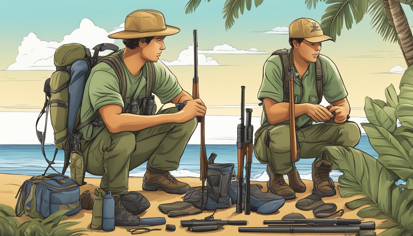 A young hunter in Hawaii prepares gear and checks equipment before heading out to hunt