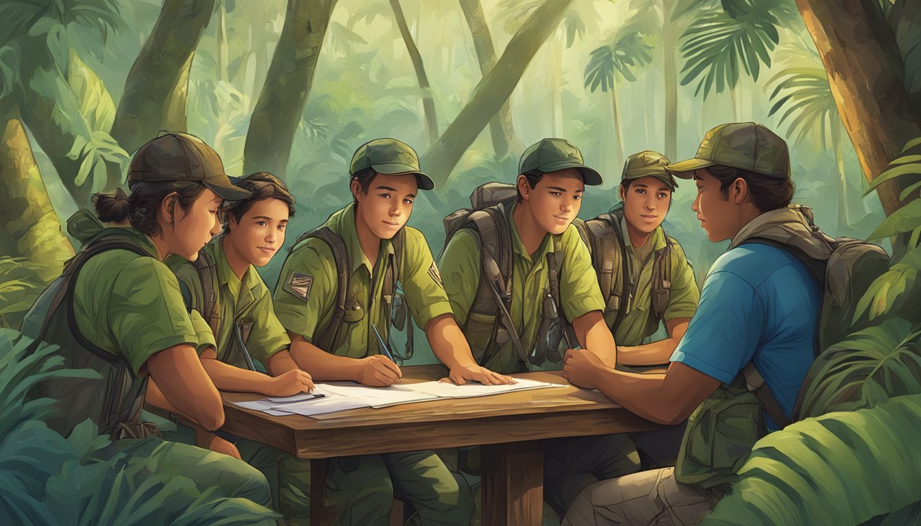 A group of young hunters gather at a registration booth in a lush Hawaiian forest, filling out forms and chatting with officials