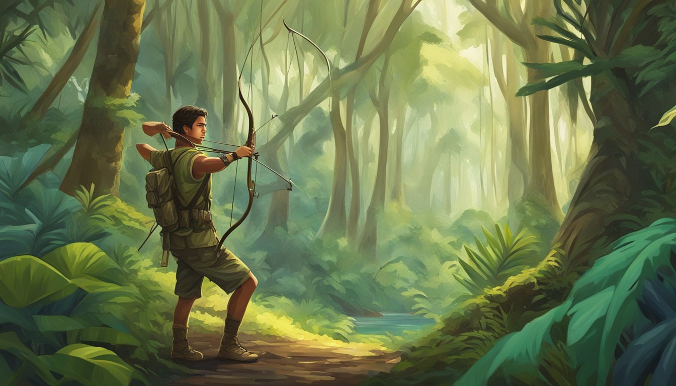 A young hunter with a bow and arrow in a lush Hawaiian forest, surrounded by native wildlife