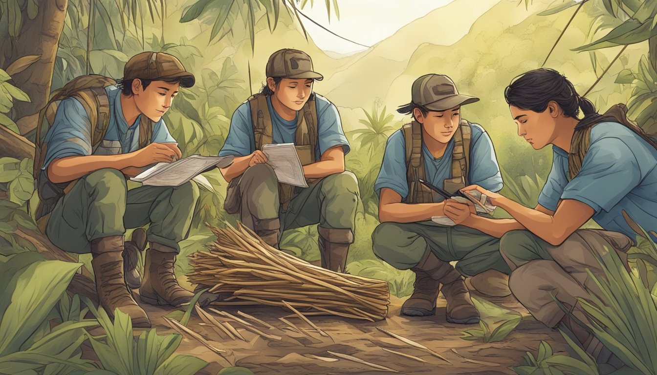 A group of young hunters in Hawaii gather their harvested game and record their successful hunt in a logbook