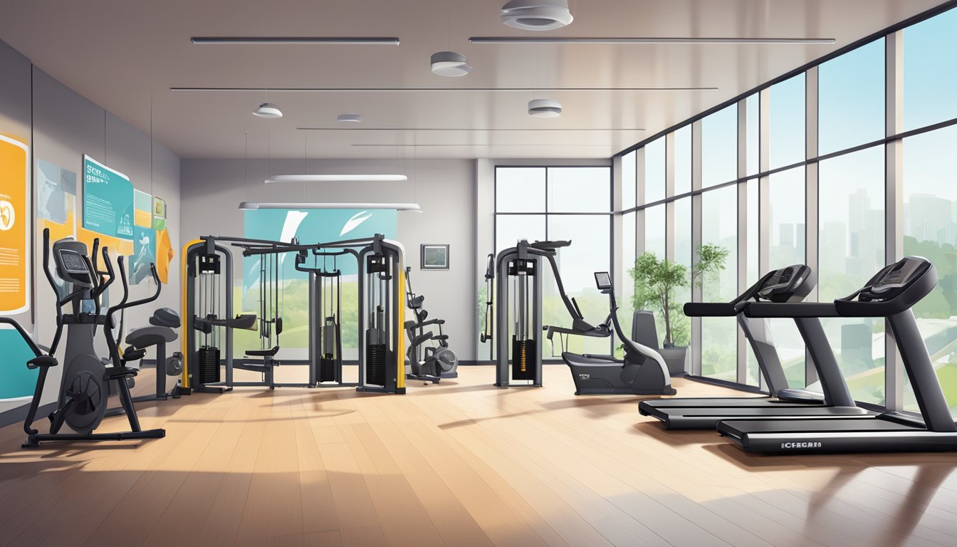 A sleek, modern gym with safety equipment and regulatory posters displayed prominently