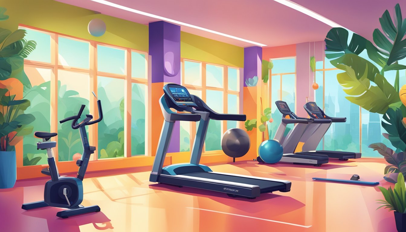 A vibrant gym with colorful equipment and a bright, inviting atmosphere, surrounded by lush greenery and filled with the sound of energetic music