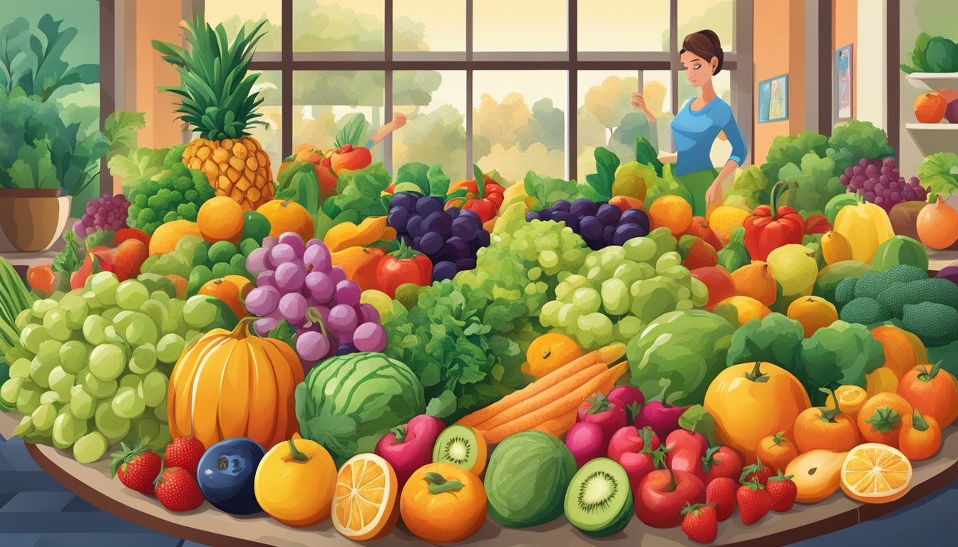 A colorful array of fresh fruits and vegetables arranged in a vibrant, inviting display, surrounded by images of people exercising and enjoying an active lifestyle