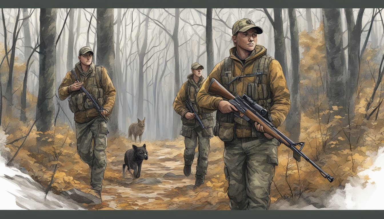 A group of youthful hunters in Kentucky, equipped with rifles and camouflage gear, stalk through the dense forest in search of game