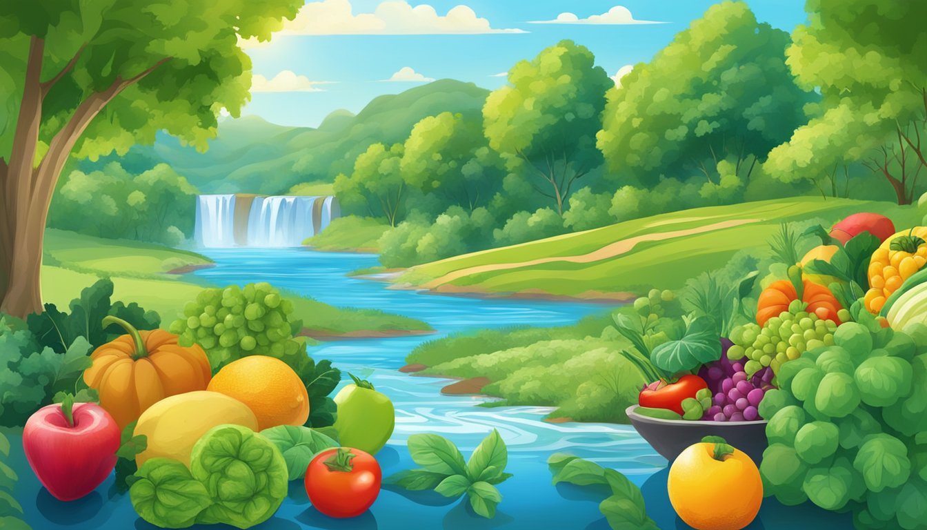 A lush green landscape with a vibrant mix of fruits and vegetables, surrounded by a clear blue sky and clean, flowing water