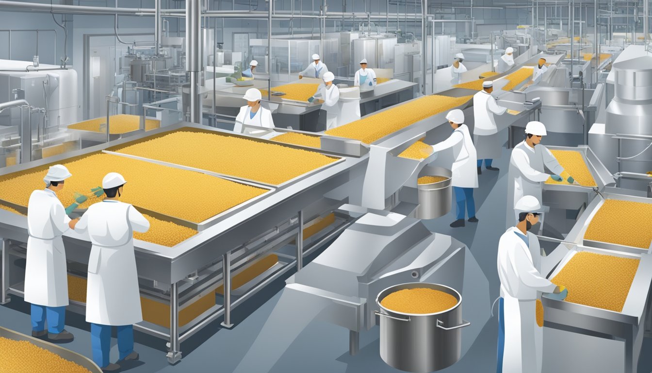 A bustling food production facility with workers using sustainable sweeteners in the production process. Sustainable packaging and eco-friendly equipment are visible