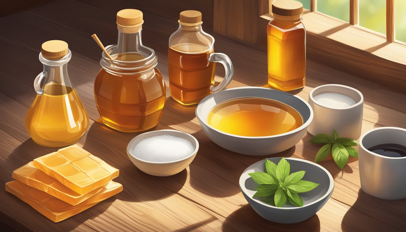 Various natural sweeteners displayed on a rustic wooden table, including honey, maple syrup, stevia, and agave nectar. Sunlight streaming in through a nearby window illuminates the assortment