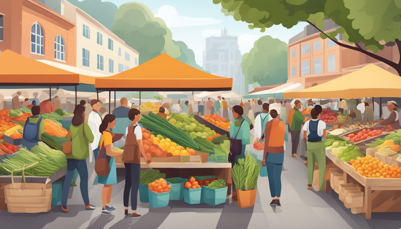 A bustling farmer's market with colorful, organic produce and eco-friendly packaging. Shoppers eagerly seek out sustainable products and locally-sourced goods